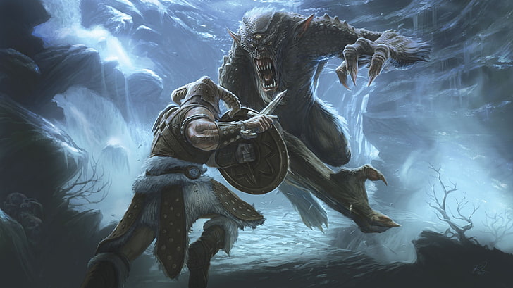 barbarian fighting monster digital wallpaper, fantasy art, trolls
