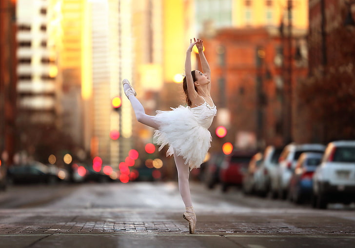 women's white ballerina dress, street, dance, girl, tiny dancer, HD wallpaper