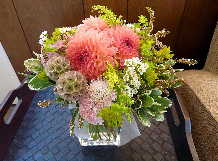 red and pink flowers centerpiece, dahlias, tea tree, variety, HD wallpaper