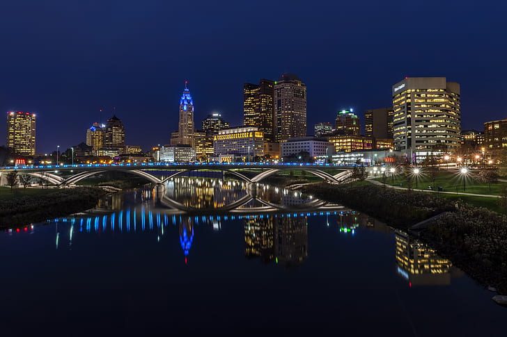 photo, Home, Bridge, Night, The city, River, USA, Ohio, Columbus, HD wallpaper