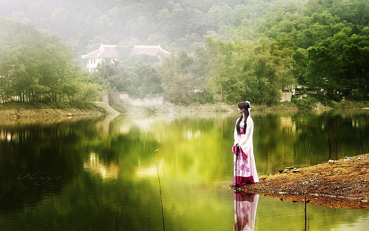China, ancient, bamboo, water, plant, real people, tree, one person