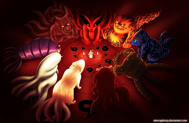 Anime, Naruto, Kurama (Naruto), Sage of Six Paths, spooky, red, HD wallpaper