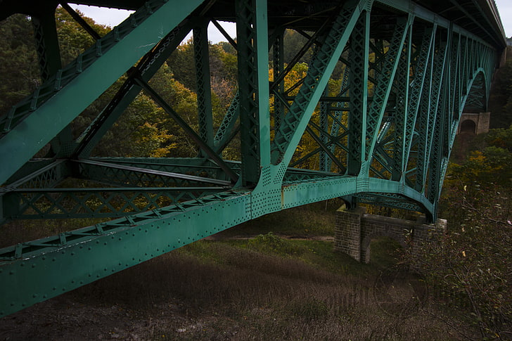 green metal framed bridge, fall, river, built structure, connection, HD wallpaper
