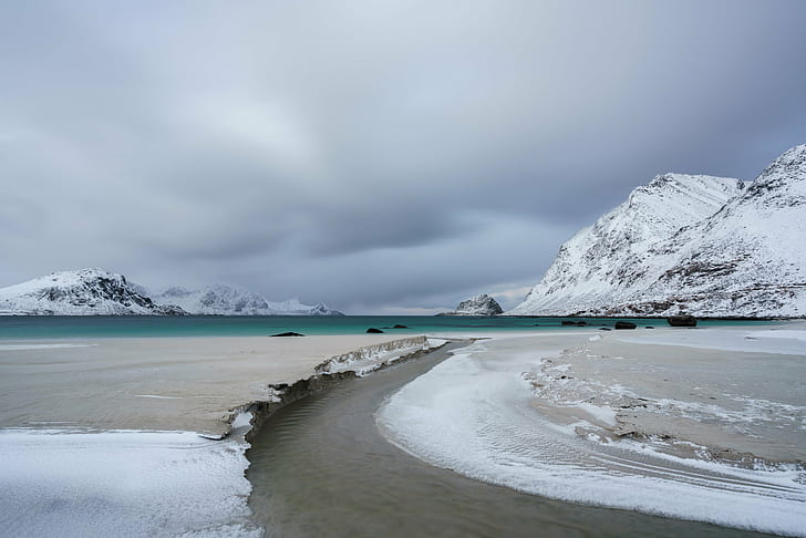 white and grey sand with body of water, River of Ice, Lofoten Islands