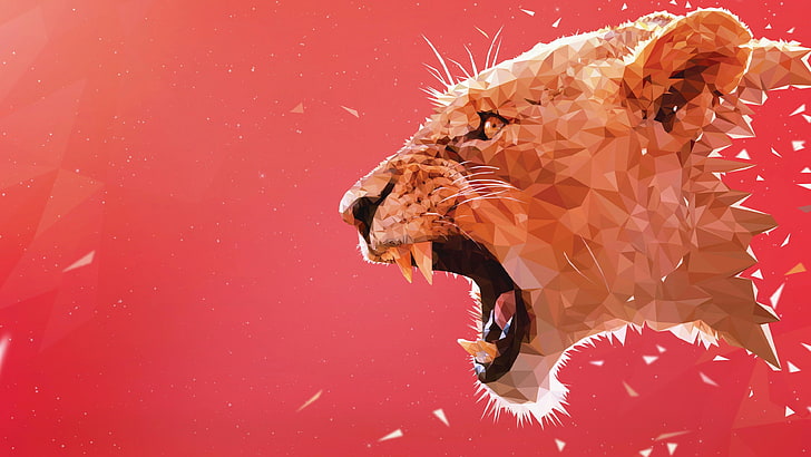 red, lowpoly, low poly, angle, artwork, lion, roar, digital art, HD wallpaper