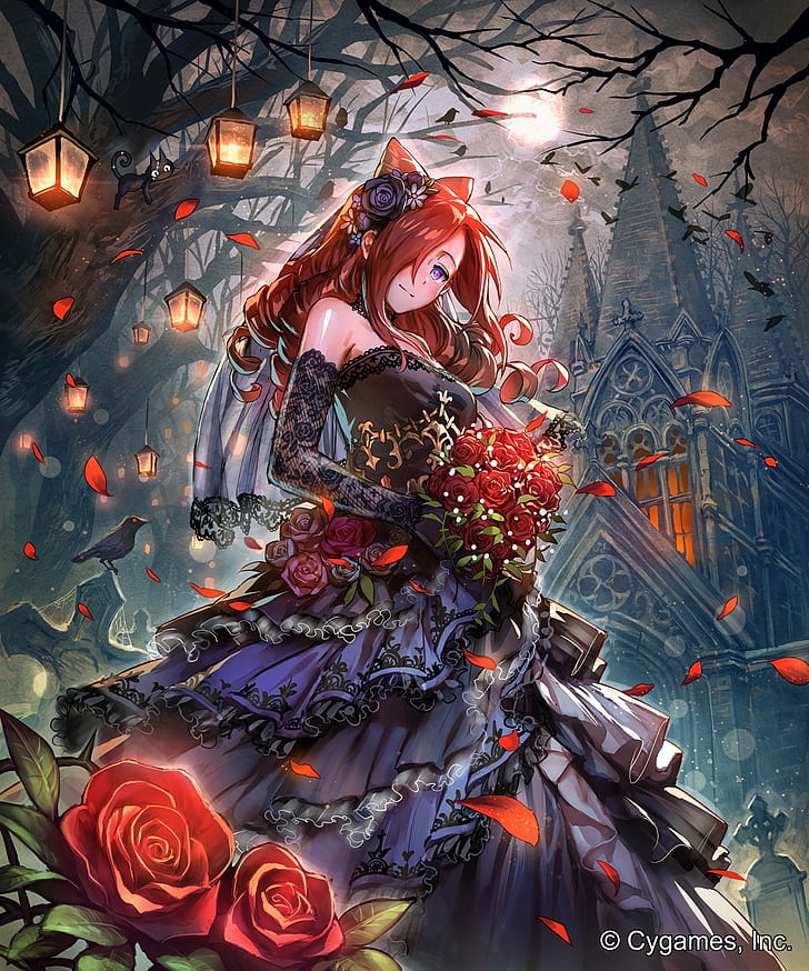 redhead, Ceres (Shingeki No Bahamut), flowers, long hair, dress, HD wallpaper