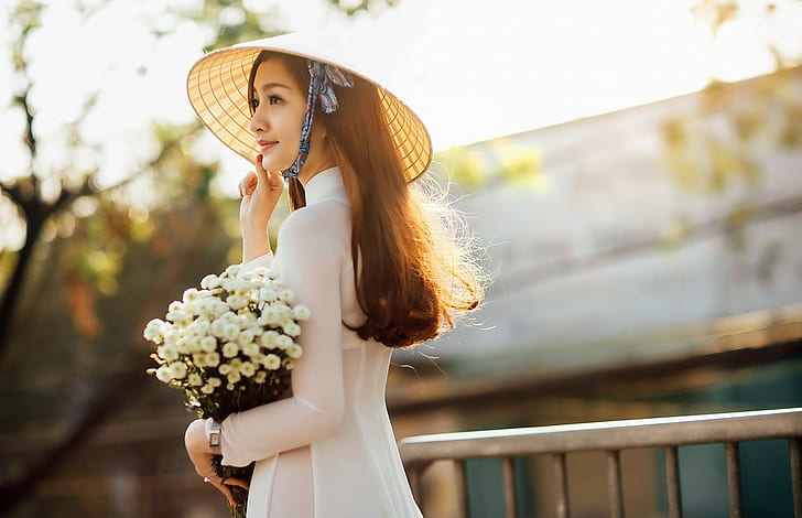 flowers, Asian, hat, nón lá, áo dài, women, vietnamese