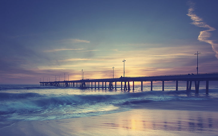 brown wooden dock, sea, sunset, beach, sky, pier, water, cloud - sky, HD wallpaper