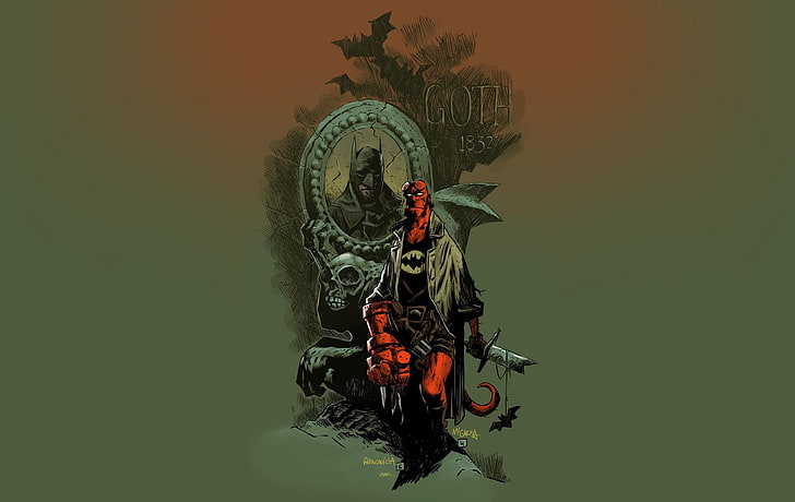 Hellboy illustration, comic art, Batman, art and craft, one person