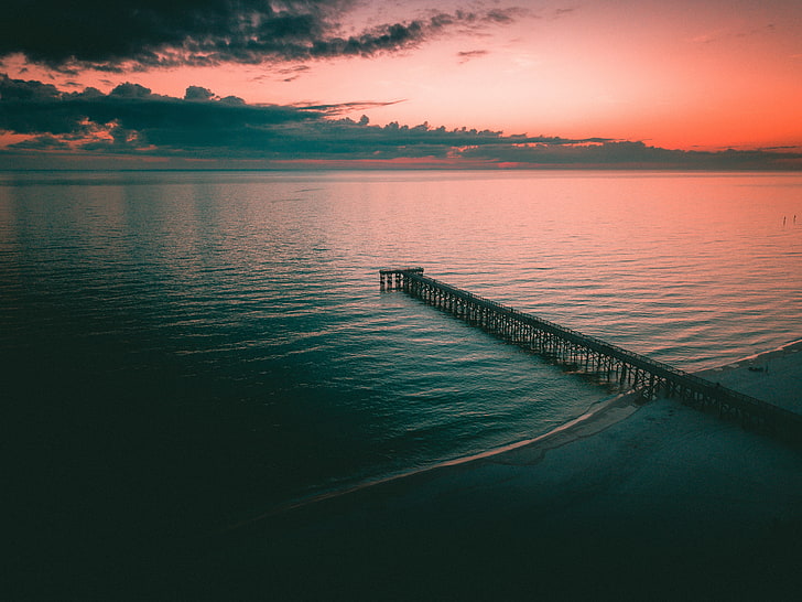 brown dock, pier, sea, dusk, shore, sunset, nature, water, sky