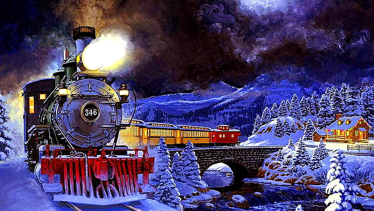 winter, night, moving, train, light, snow, trees, painting, HD wallpaper