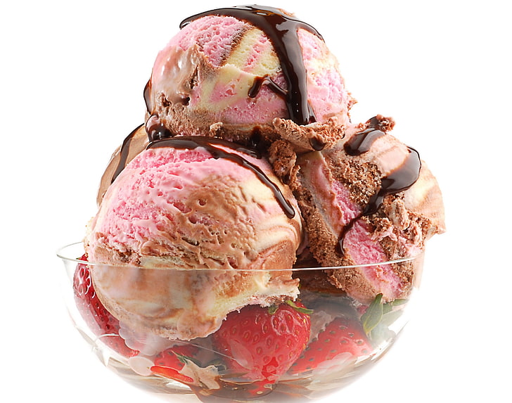 strawberry ice cream, fruit, berries, dessert, food, frozen, ice Cream Sundae, HD wallpaper