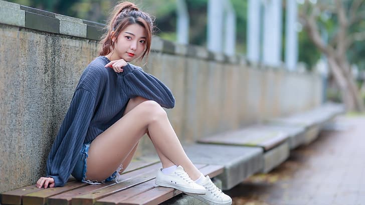 HD wallpaper: Asian, model, women outdoors, sitting, makeup, red ...