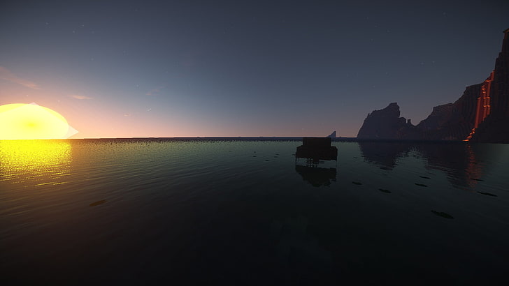 body of water and sun, Minecraft, lava, sea, mountains, sky, scenics - nature
