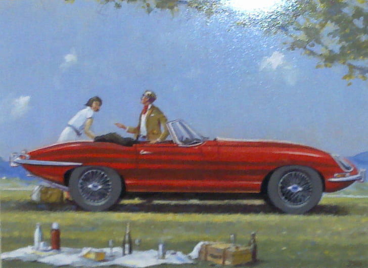 The Jag, sunny, rag top, picnic, summer, woman, jaguar, cars