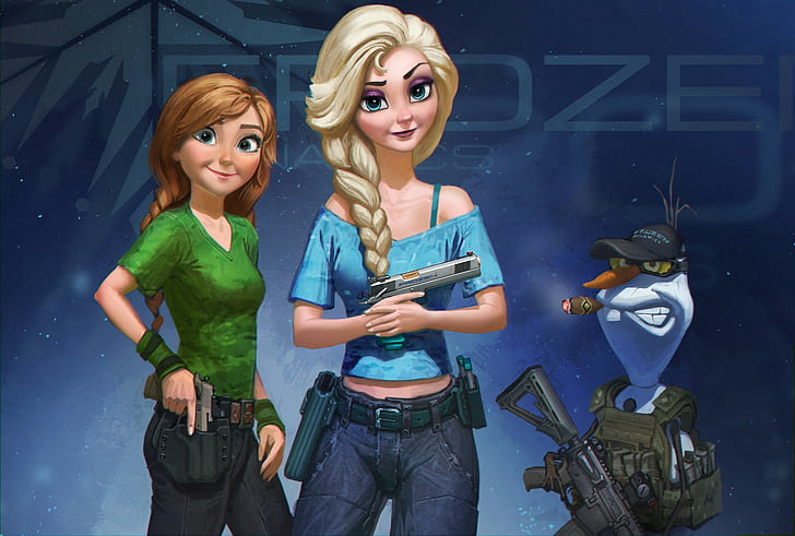 fan art, Frozen (movie), Princess Elsa, girls with guns, Olaf, HD wallpaper