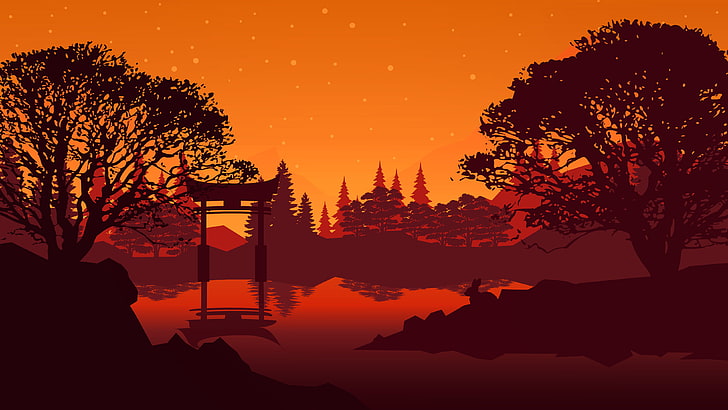 torii, landscape, lake, trees, art, plant, silhouette, sky