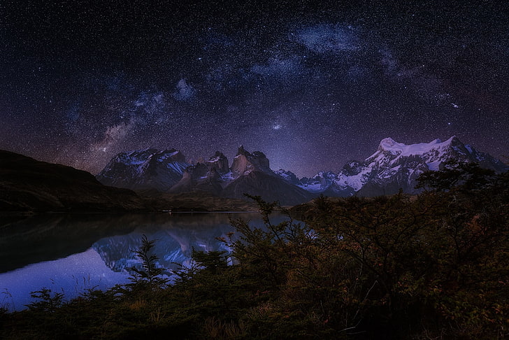 Chile, galaxy, lake, landscape, Long Exposure, Milky way, mountains