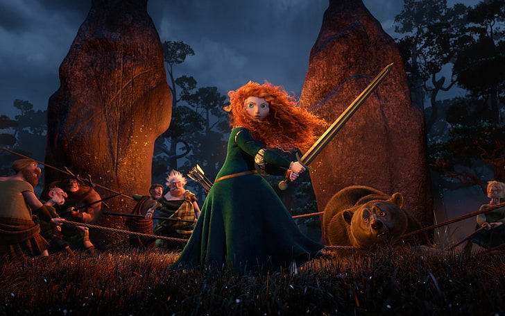 Disney Brave Merida, cartoon, Scotland, bear, warrior, Archer