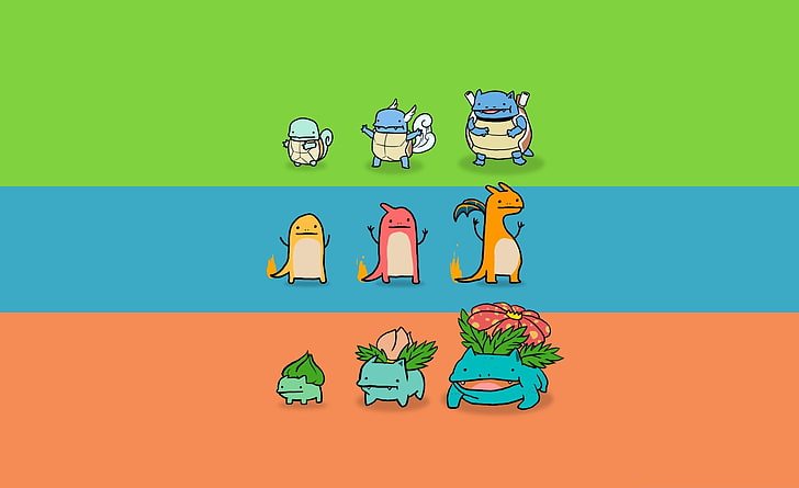 Bulbasaur, Charmander and Squirtle, assorted Pokemon characters