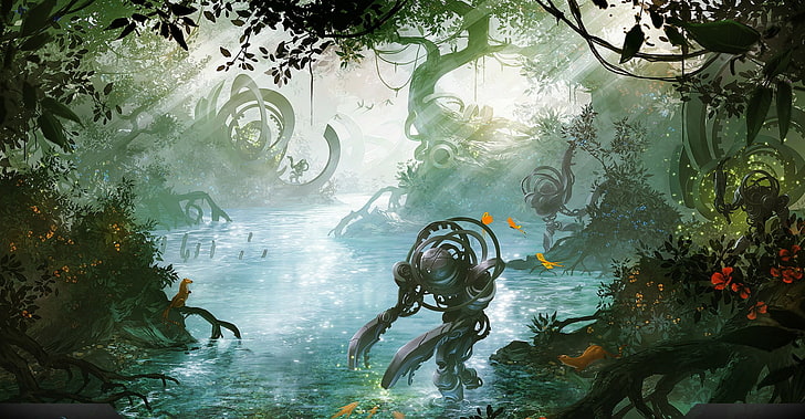robot and forest illustration, artwork, fantasy art, digital art