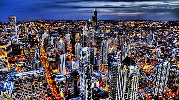 chicago night lights.., building exterior, built structure, architecture, HD wallpaper