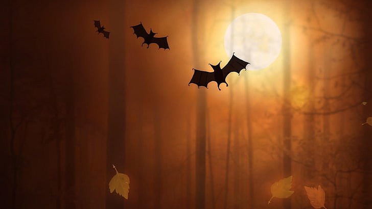 halloween, bats, moon, full moon, leaves, moonlit, moonlight, HD wallpaper