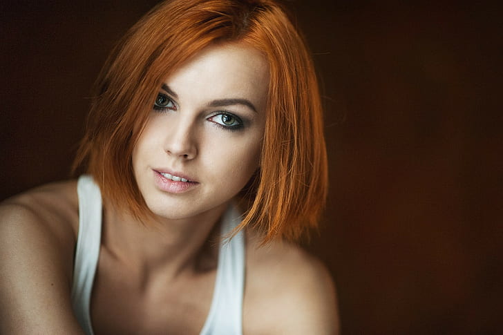 women redhead green eyes face maxim maksimov inessa rain portrait tank top no bra depth of field, HD wallpaper