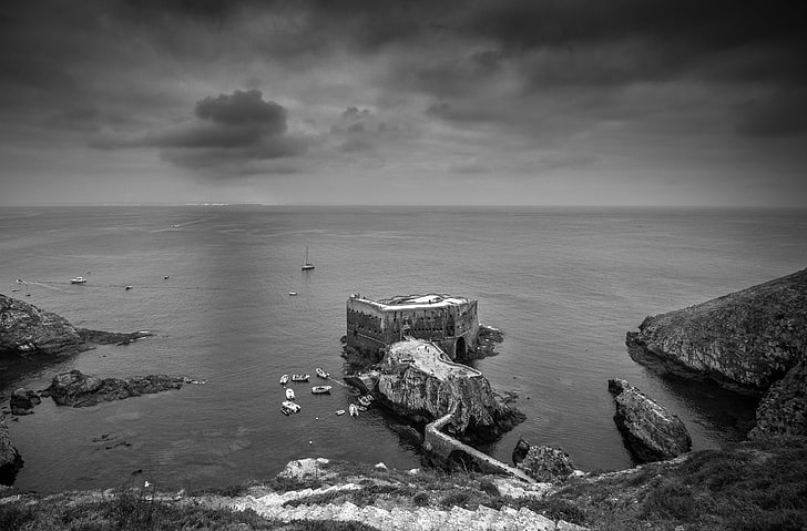 A view of the Fort of the Berlengas, Portugal, grayscale photograph of castle on body of water