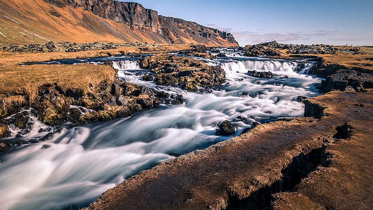 river in dry lands, iceland, iceland, Foss, waterfall, Landscape photography, HD wallpaper