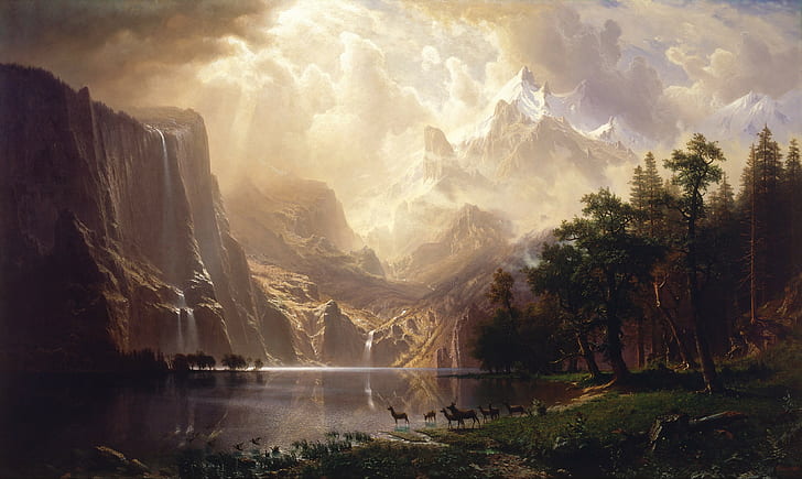 albert bierstadt painting landscape mountains clouds artwork among the sierra nevada mountains, HD wallpaper