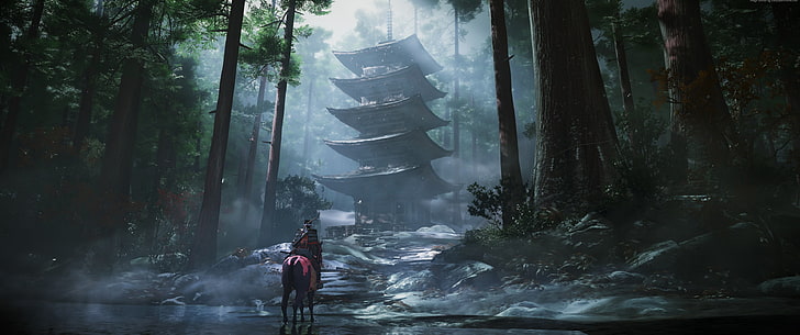 video games, Video Game Art, tower, horse, samurai, Ghost of Tsushima