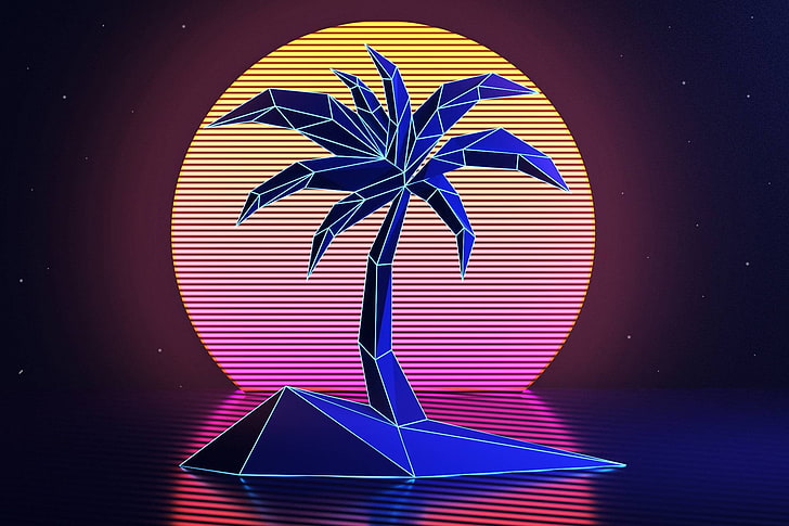 coconut tree wallpaper, palm trees, sunset, low poly, blue, illuminated, HD wallpaper