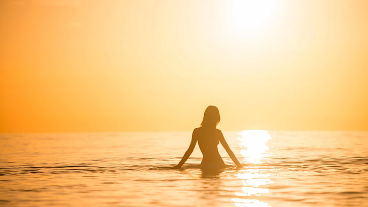 silhouette of woman, sea, sunset, women, water, sky, one person, HD wallpaper