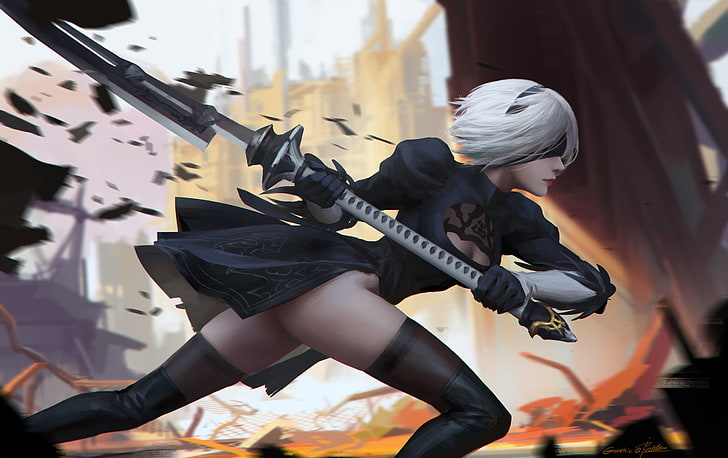 gray-haired girl character holding spear wallpaper, Nier: Automata, HD wallpaper