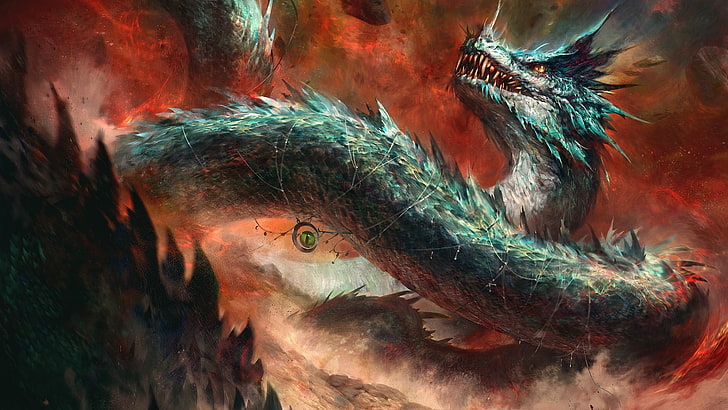 blue and gray dragon wallpaper, artwork, digital art, creature, HD wallpaper