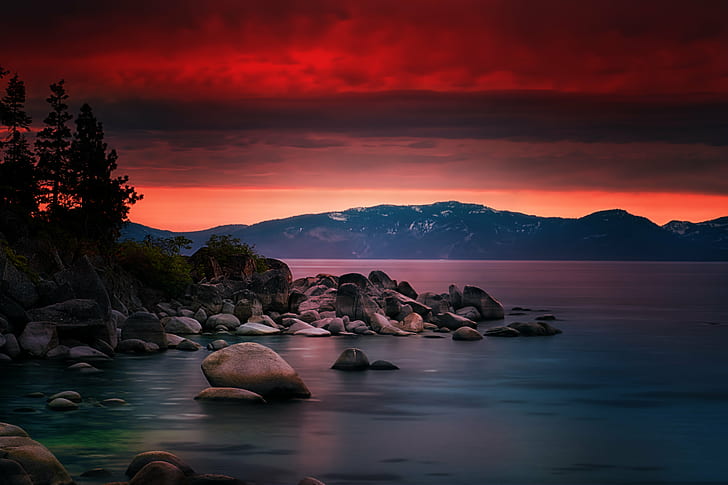 rocky shore photo, Dusk, sunset, tahoe, landscape, lake, water, HD wallpaper