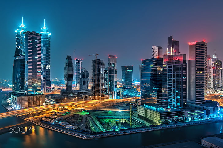 cityscape, night, lights, 500px, watermarked, Dubai, building exterior