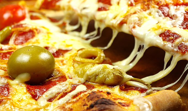 sliced pizza, olives, cheese, vegetables, piece, food, tomato