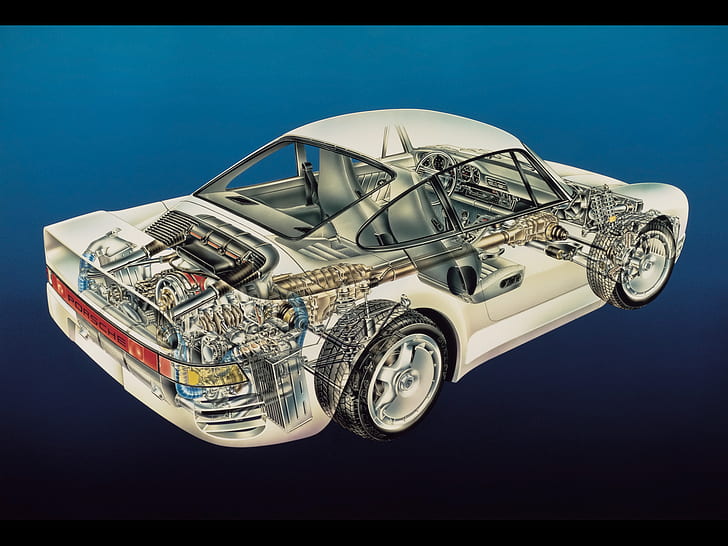 Porsche Cutaway 959 Technical HD, white coupe illustration, cars