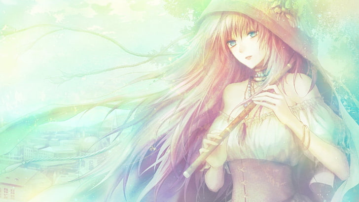 anime girl character wearing headdress and playing flute digital wallpaper