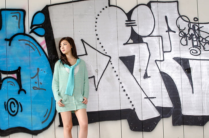 Asian, women, standing, graffiti, one person, wall - building feature