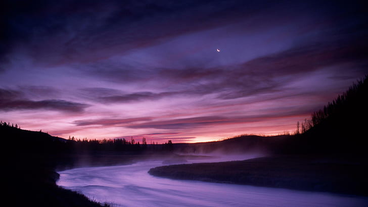Madison River Yellowstone Park At Night, moon, mist, nature and landscapes