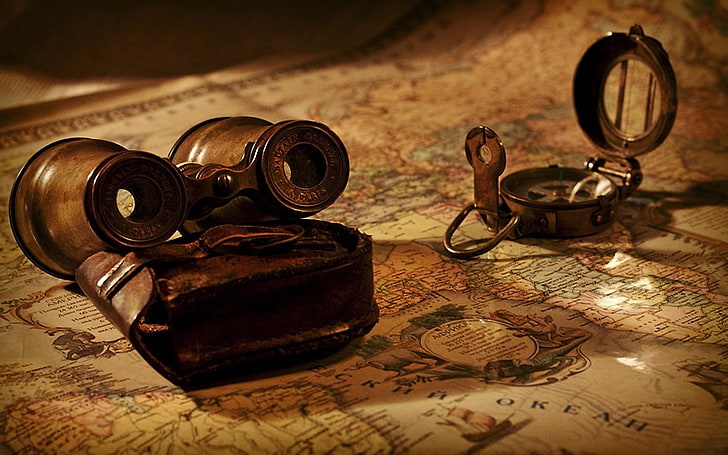 black binoculars, map, compass, antique, old-fashioned, retro Styled, HD wallpaper