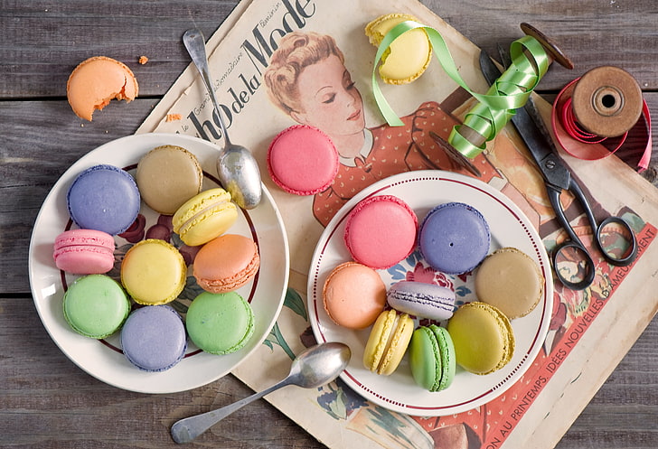 two plate of French macaroons, macarons, desserts, cookies, colorful