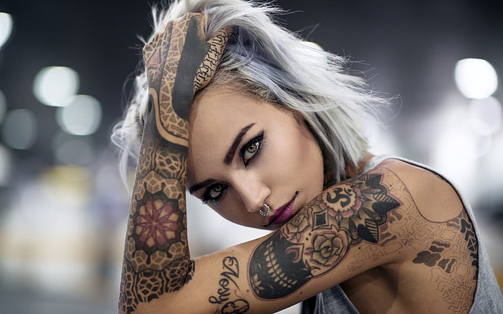 women's grey sleeveless top, face, portrait, model, tattoo, Fishball Suicide