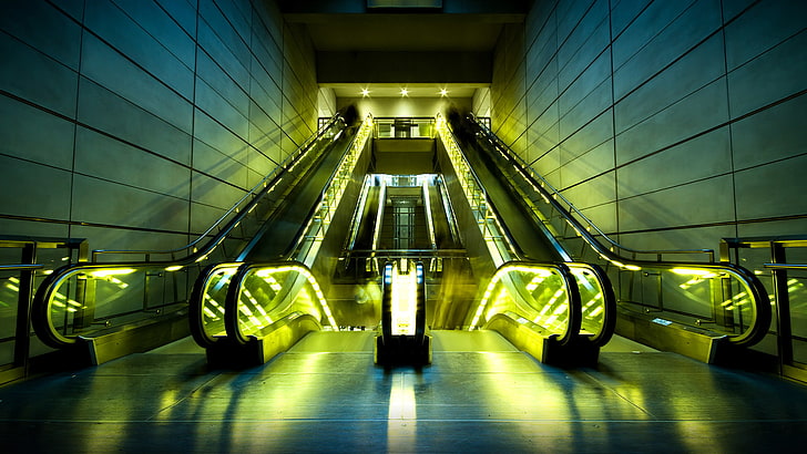 lights, escalator, yellow, stairway, urban, illuminated, transportation
