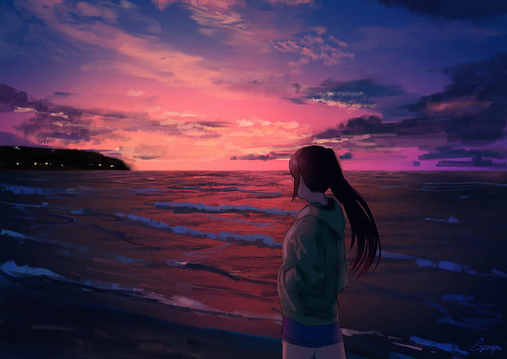 anime, anime girls, sky, sunlight, sea, dark, HD wallpaper