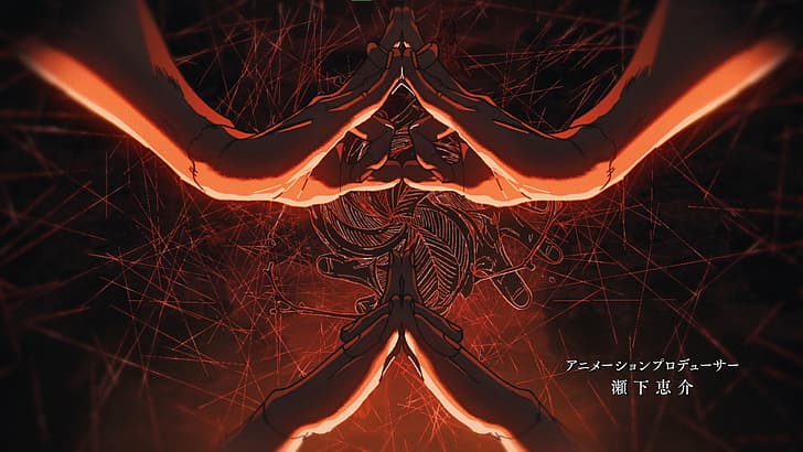 Jujutsu Kaisen, hands, Japanese, red background, scratches