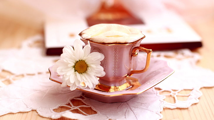 HD wallpaper: pink teacup and saucer, food, coffee, flowers, food and drink  | Wallpaper Flare